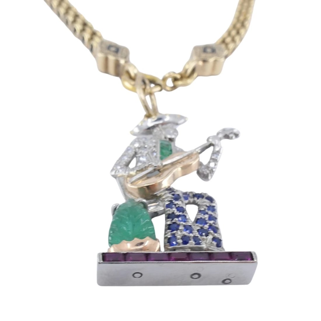 Antique 14k Gold Enamel Chain Necklace Platinum Pendant - 4