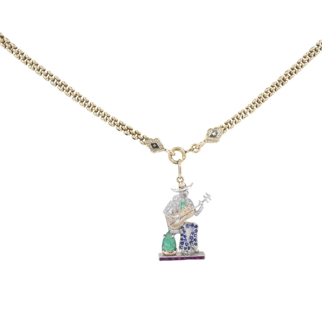 Antique 14k Gold Enamel Chain Necklace Platinum Pendant - 5