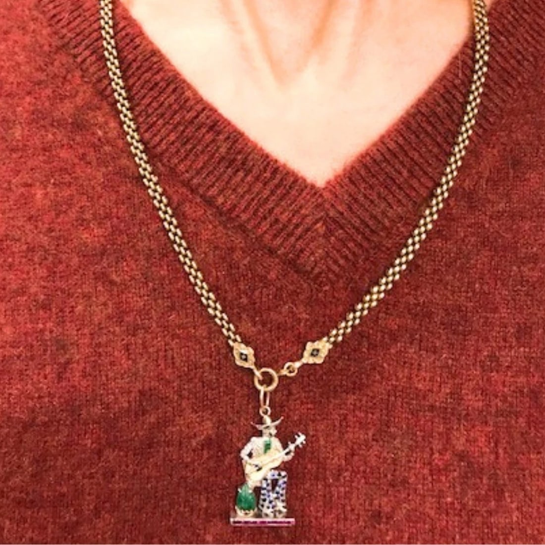 Antique 14k Gold Enamel Chain Necklace Platinum Pendant - 8