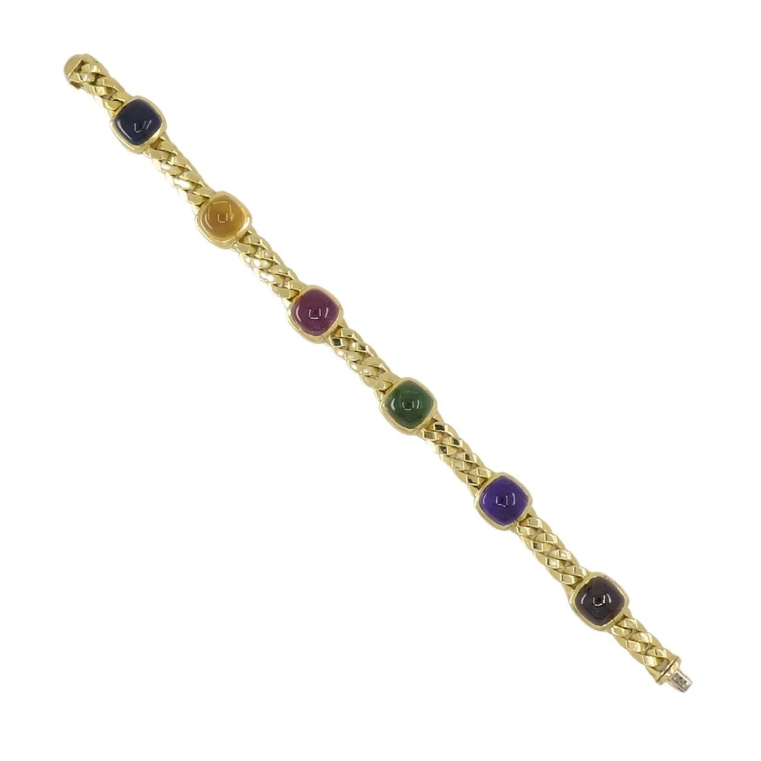 Vintage Bvlgari Bulgari Bracelet Gold Sugarloaf Gemstones: Title: Vintage Bvlgari Bulgari Bracelet Gold Sugarloaf Gemstones Description: A vintage Bulgari bracelet crafted in 18k gold, featuring six gemstones. Each stone is gently domed and polished to highli