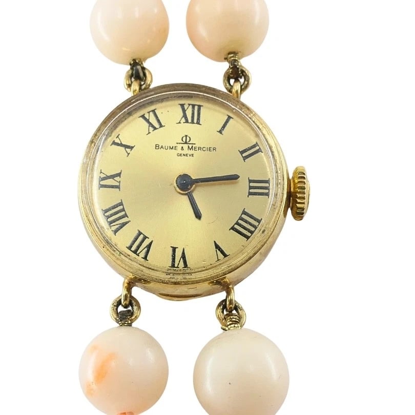 Baume & Mercier 14k Angel Skin Coral Double Strand Bracelet Watch, 1960s - 11