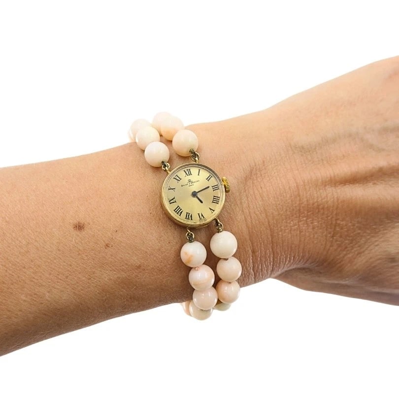 Baume & Mercier 14k Angel Skin Coral Double Strand Bracelet Watch, 1960s - 3