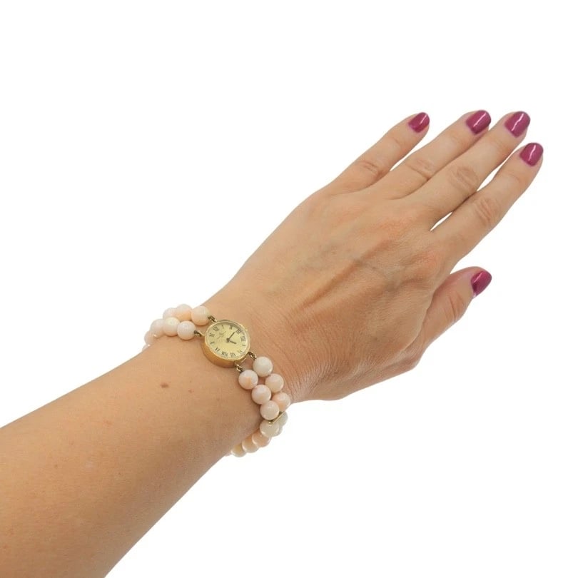 Baume & Mercier 14k Angel Skin Coral Double Strand Bracelet Watch, 1960s - 4