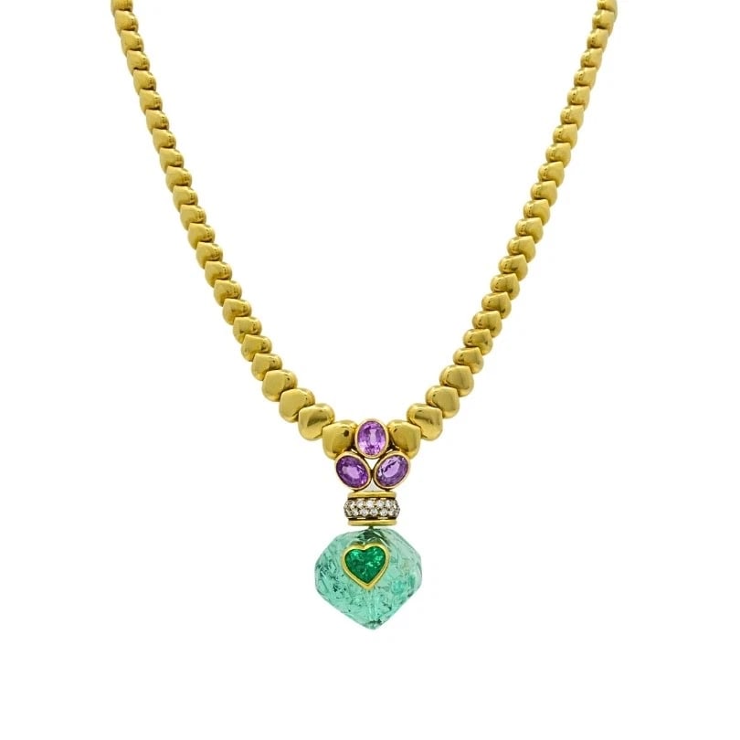 André Vassort 18k Gold Colombian Emerald Heart Necklace Sapphire Diamond GIA: Title: André Vassort 18k Gold Colombian Emerald Heart Necklace Sapphire Diamond GIA Description: TEM DETALS: André Vassort 18k old Colombian Emerald Heart Necklace Sapphire Diamond A This