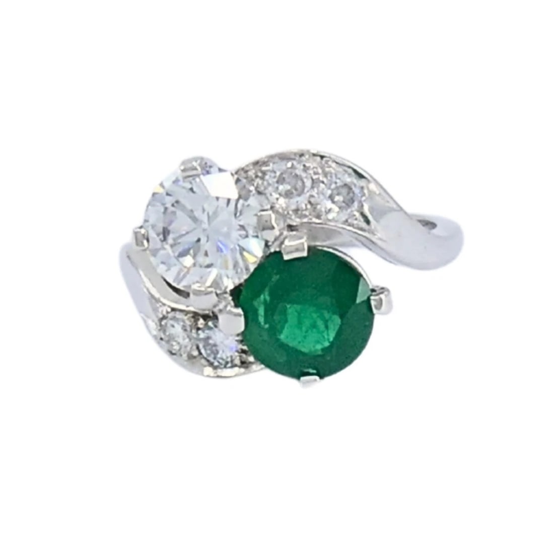 Vintage Platinum Toi et Moi Engagement Ring Diamond Emerald - 10