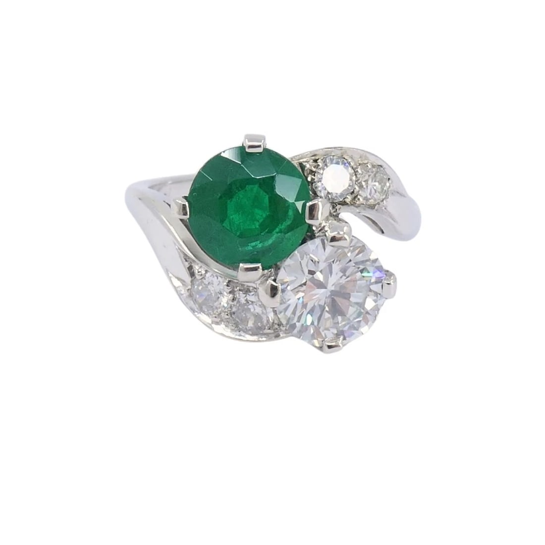 Vintage Platinum Toi et Moi Engagement Ring Diamond Emerald - 12