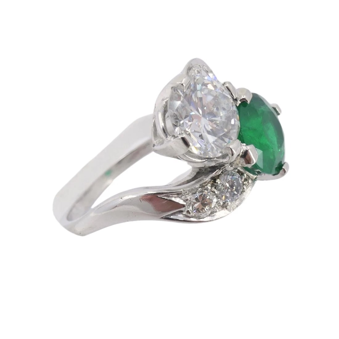 Vintage Platinum Toi et Moi Engagement Ring Diamond Emerald - 4