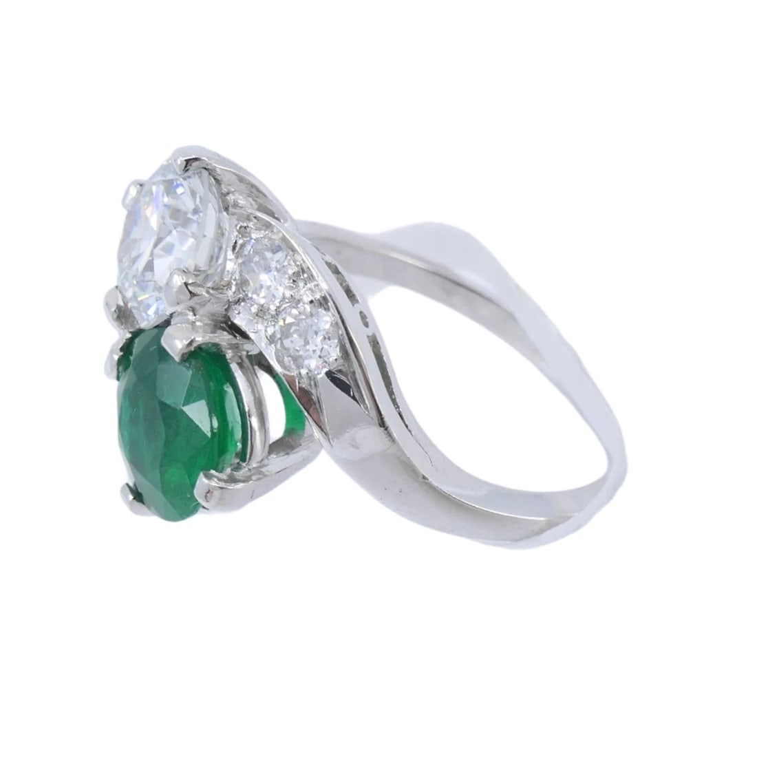 Vintage Platinum Toi et Moi Engagement Ring Diamond Emerald - 5