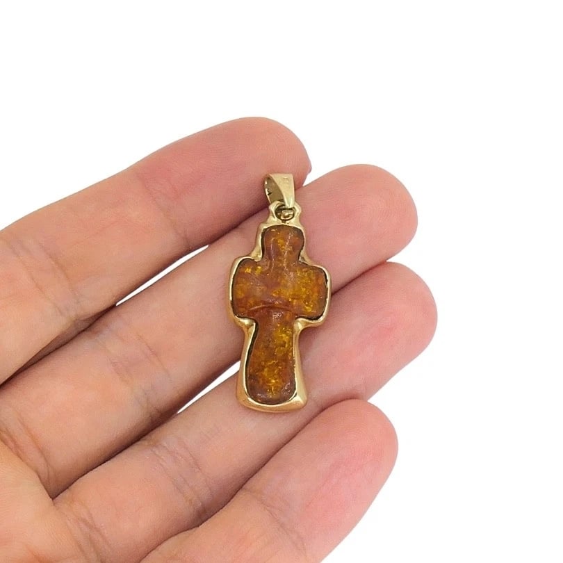 Vintage 14k Gold Baltic Amber Cross Pendant - 3