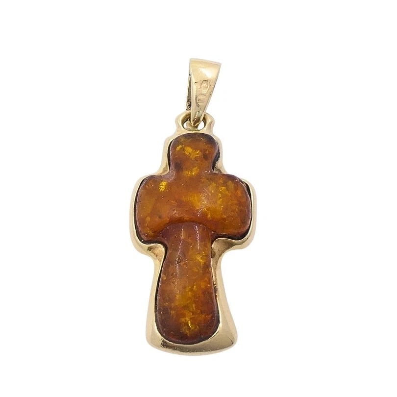 Vintage 14k Gold Baltic Amber Cross Pendant - 6
