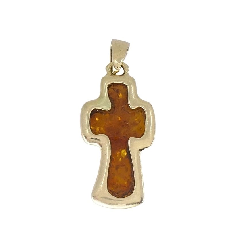 Vintage 14k Gold Baltic Amber Cross Pendant - 7