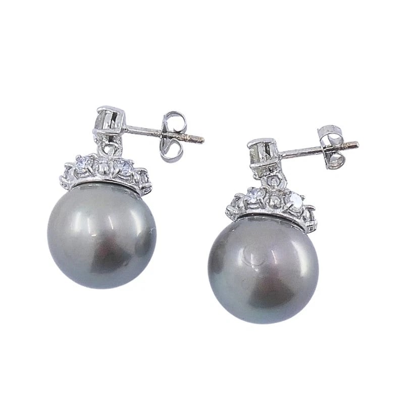 Tahitian Pearl Diamond 14k Gold Stud Earrings - 4