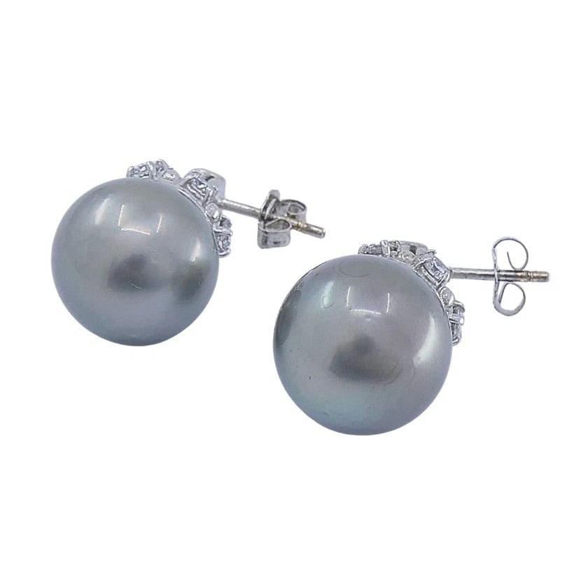 Tahitian Pearl Diamond 14k Gold Stud Earrings - 5