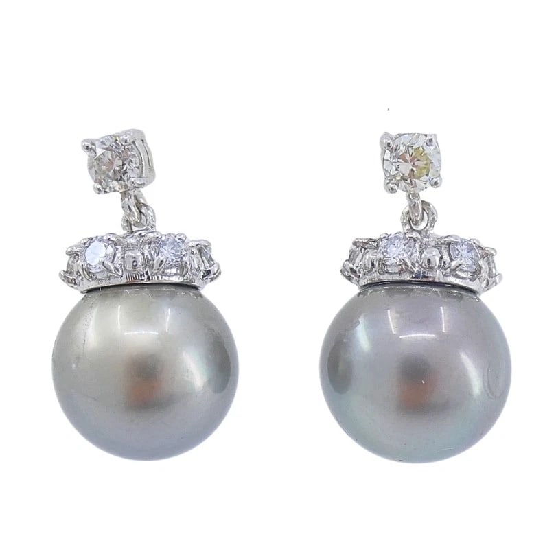 Tahitian Pearl Diamond 14k Gold Stud Earrings - 7