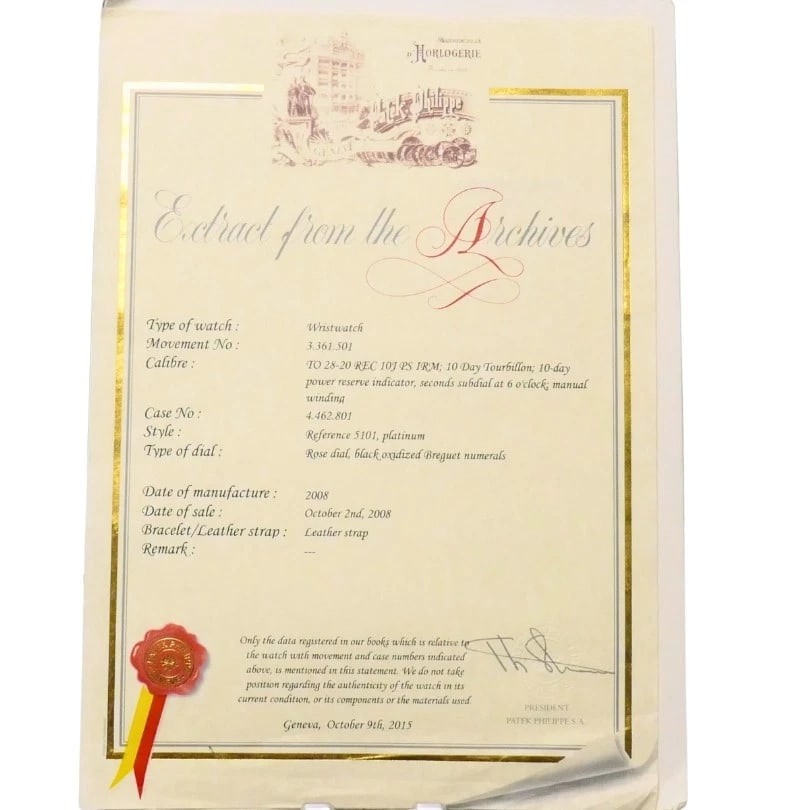 Patek Philippe 5101P 10-Day Tourbillon Platinum WATCH Original Strap - 5
