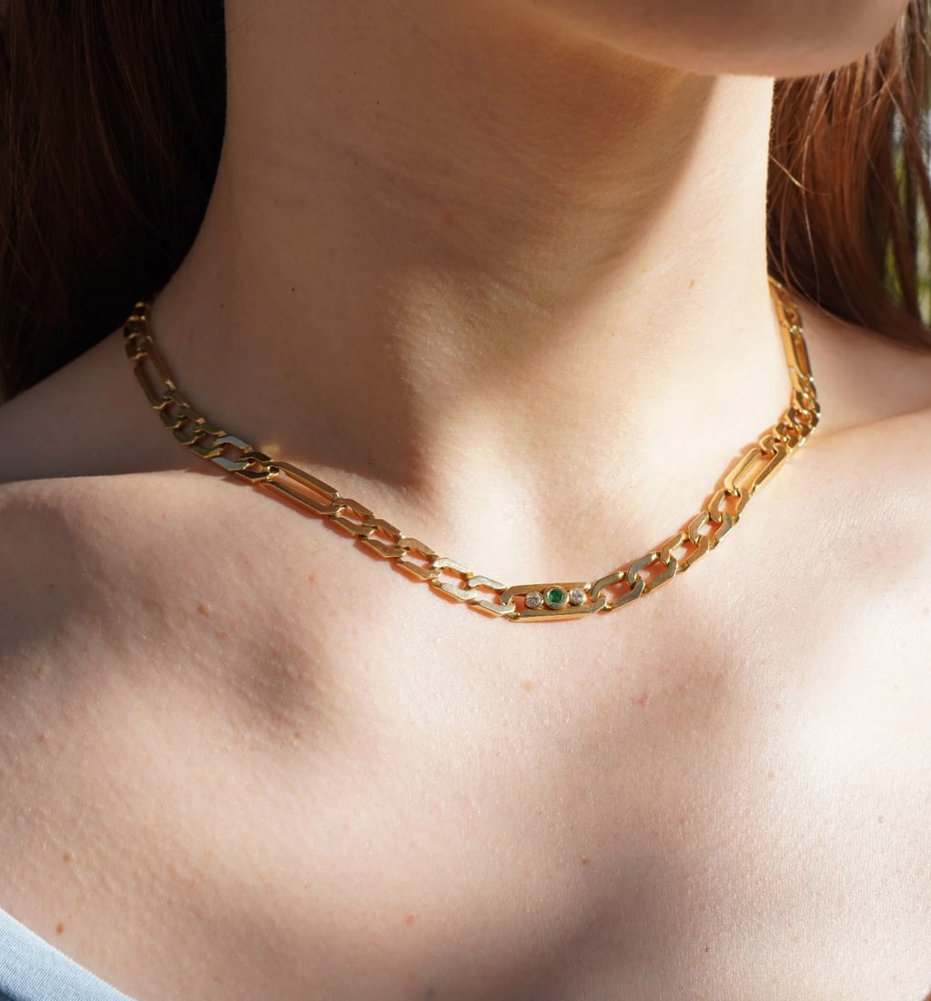 Vintage Cartier 18k Gold Emerald Diamond Chain Link Necklace - 3