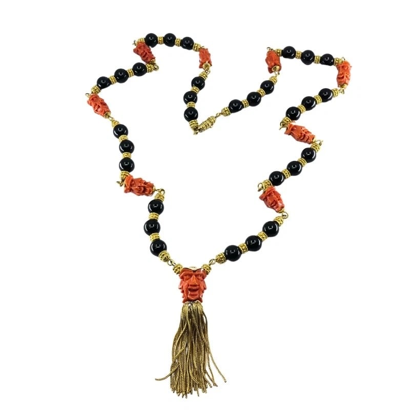 Vintage 18k Gold Carved Coral Devil Mask Onyx Tassel Necklace - 4