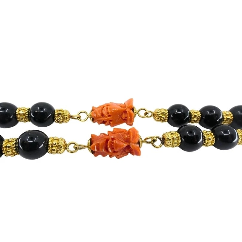 Vintage 18k Gold Carved Coral Devil Mask Onyx Tassel Necklace - 5