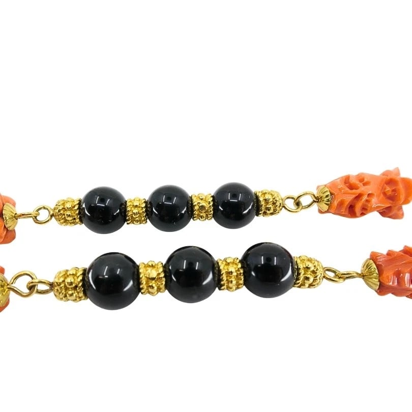 Vintage 18k Gold Carved Coral Devil Mask Onyx Tassel Necklace - 6