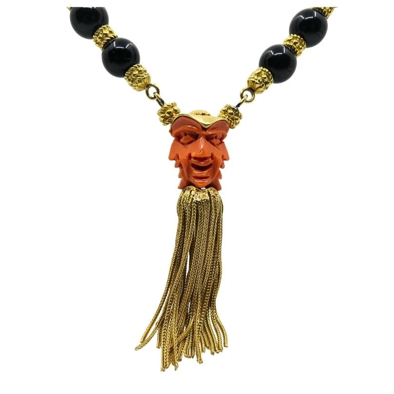 Vintage 18k Gold Carved Coral Devil Mask Onyx Tassel Necklace - 7
