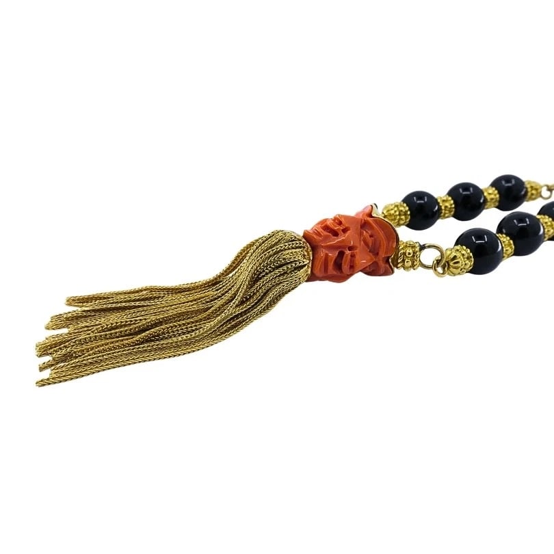 Vintage 18k Gold Carved Coral Devil Mask Onyx Tassel Necklace - 8