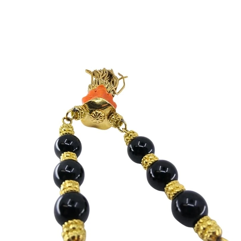 Vintage 18k Gold Carved Coral Devil Mask Onyx Tassel Necklace - 9