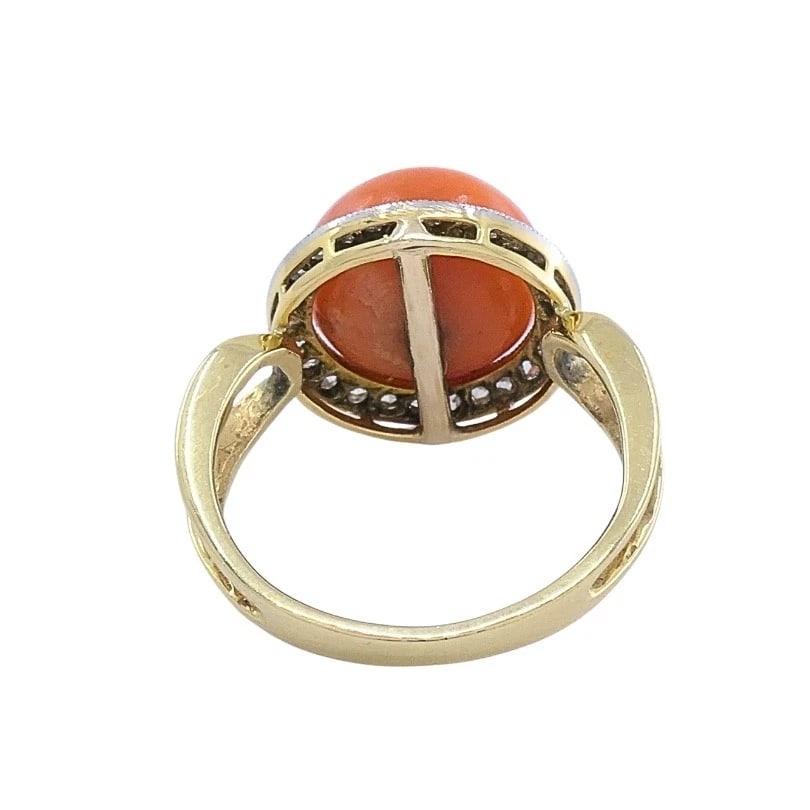 Vintage 14k Gold Coral Cabochon Diamond Halo Ring - 10