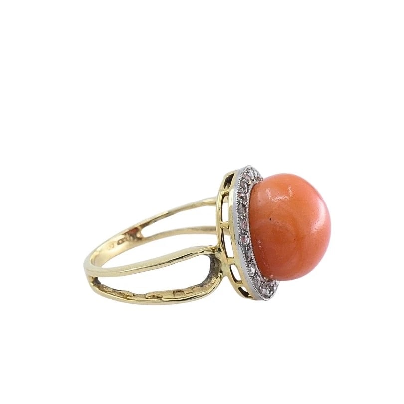 Vintage 14k Gold Coral Cabochon Diamond Halo Ring - 6