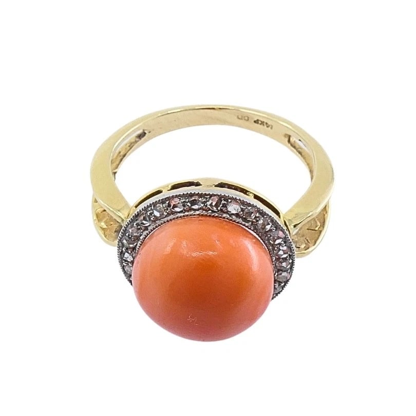 Vintage 14k Gold Coral Cabochon Diamond Halo Ring - 7