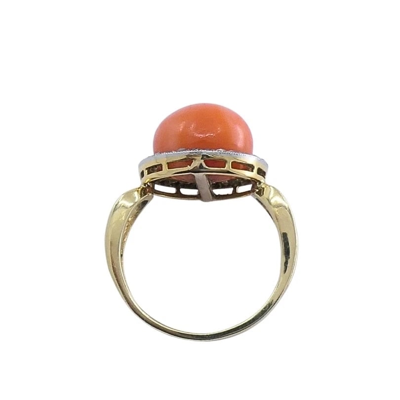 Vintage 14k Gold Coral Cabochon Diamond Halo Ring - 9