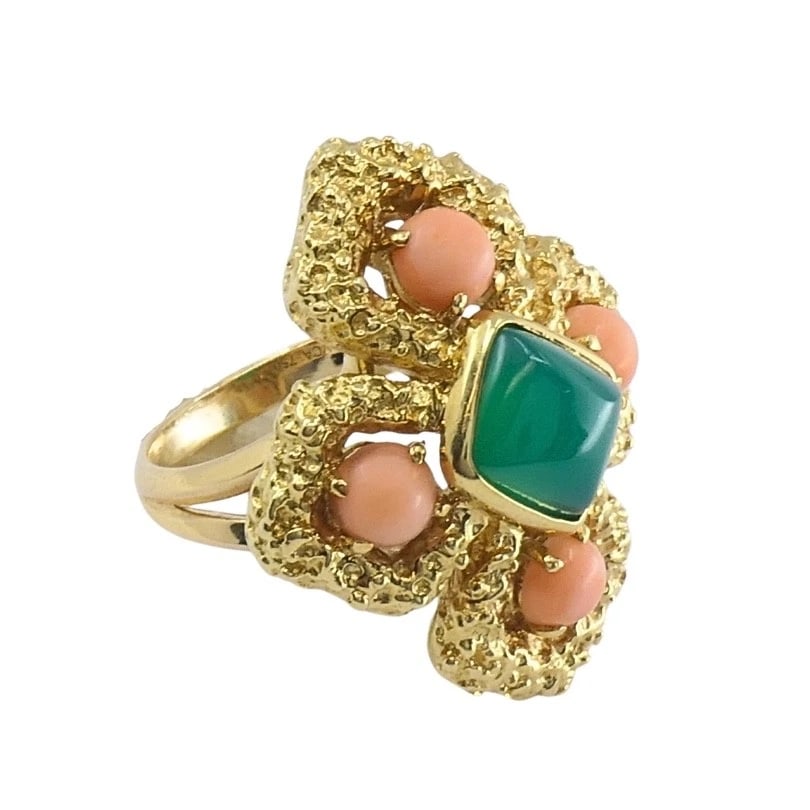 Vintage Van Cleef & Arpels 18k Gold Coral Chrysoprase Ring - 5