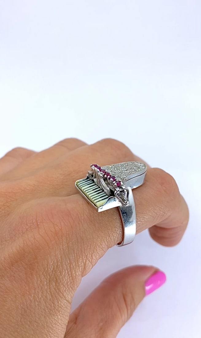 Vintage 14k Gold Grand Piano Diamond Gemstone Ring - 2