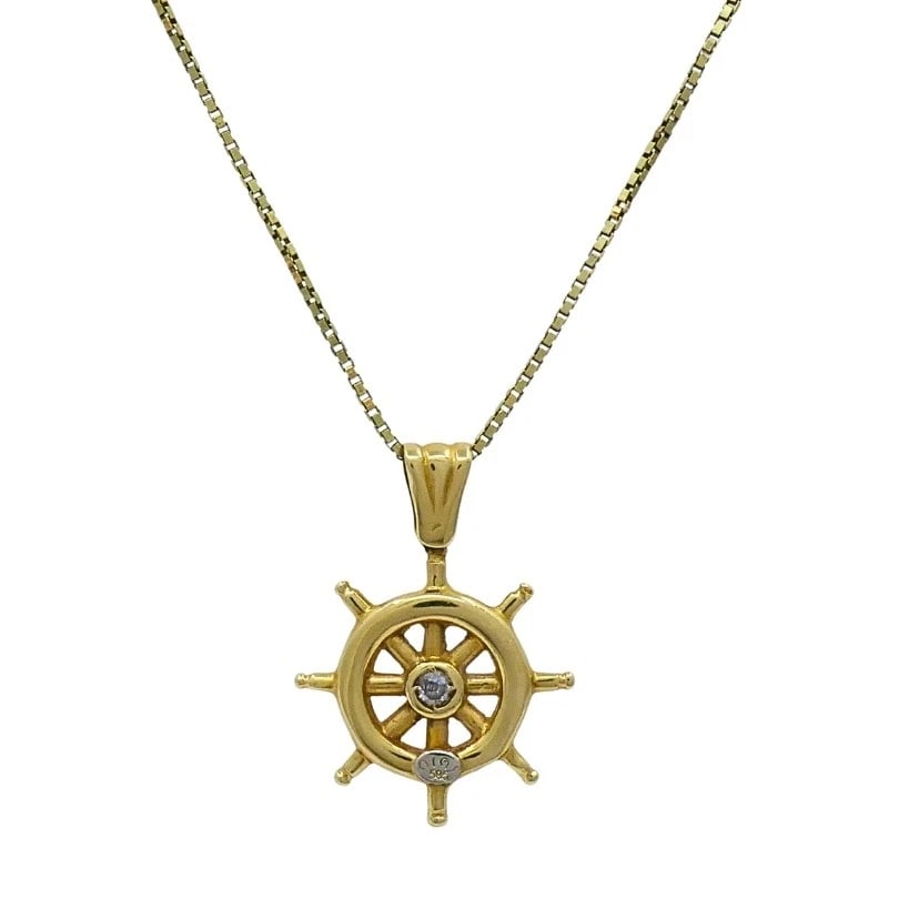 14K Gold Nautical Wheel Pendant Necklace Diamond Accent - 5