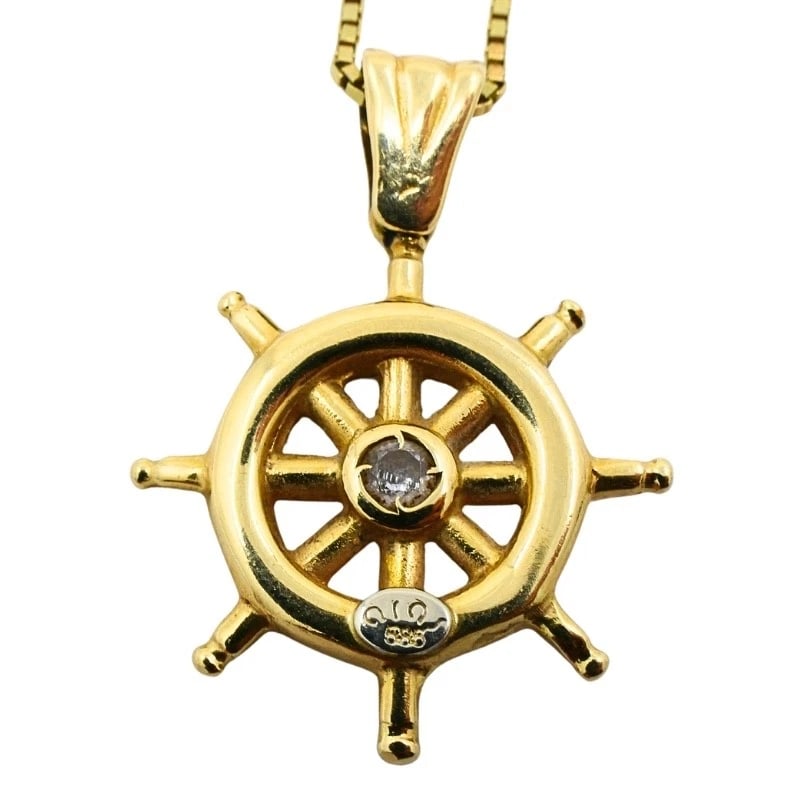 14K Gold Nautical Wheel Pendant Necklace Diamond Accent - 7