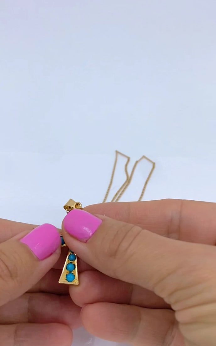 Vintage 21k Gold Turquoise Ankh Pendant 14k Gold Chain Necklace - 2