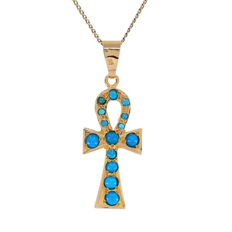 Vintage 21k Gold Turquoise Ankh Pendant 14k Gold Chain Necklace - 4