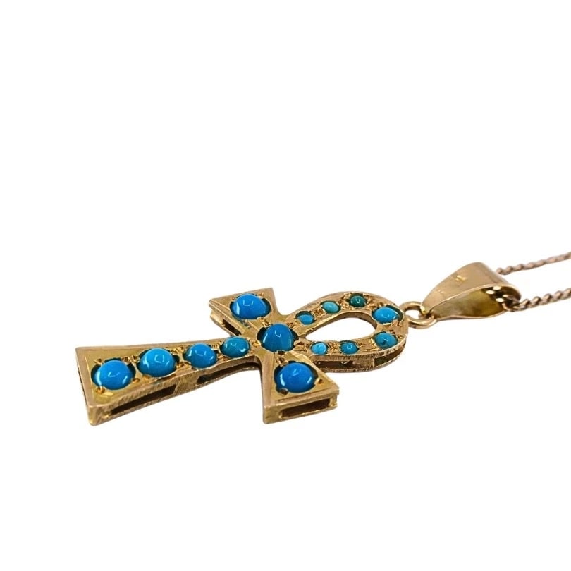Vintage 21k Gold Turquoise Ankh Pendant 14k Gold Chain Necklace - 5
