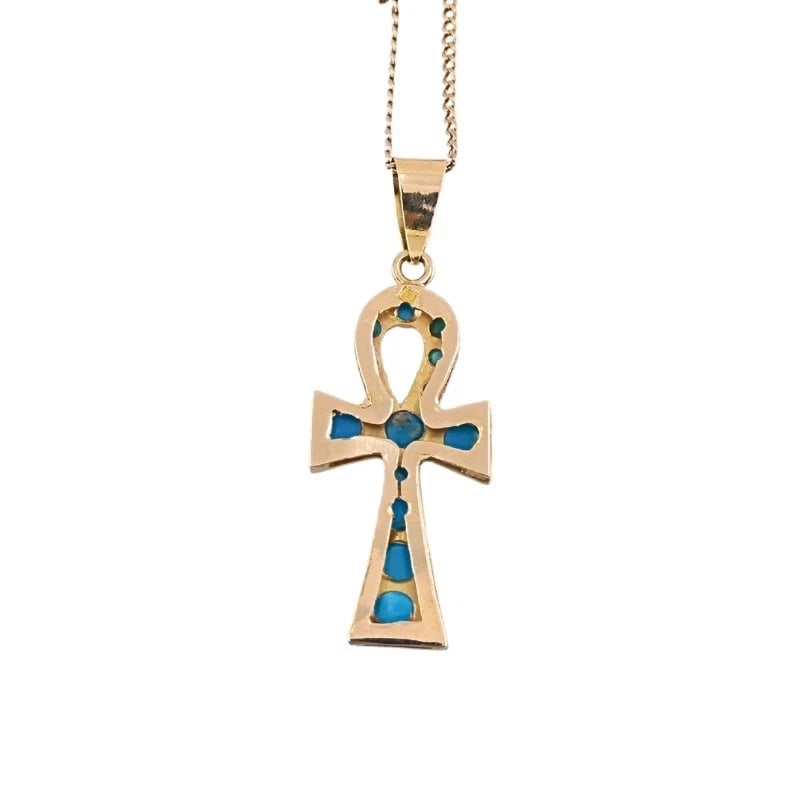 Vintage 21k Gold Turquoise Ankh Pendant 14k Gold Chain Necklace - 7