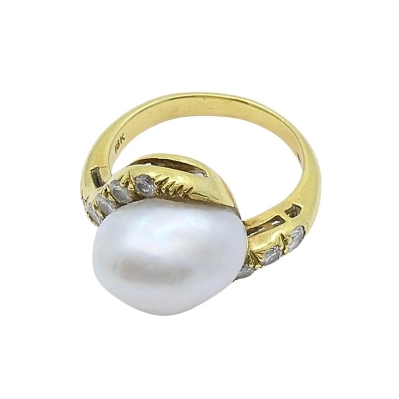 Vintage 18k Yellow Gold Baroque Pearl Diamond Ring - 6