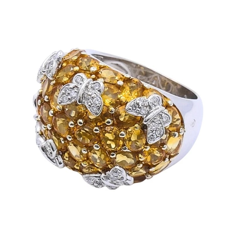 14k White Gold Citrine Diamond Butterfly Dome Ring - 6