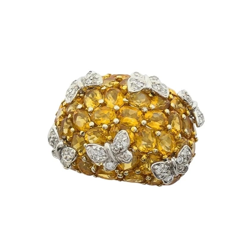 14k White Gold Citrine Diamond Butterfly Dome Ring - 7