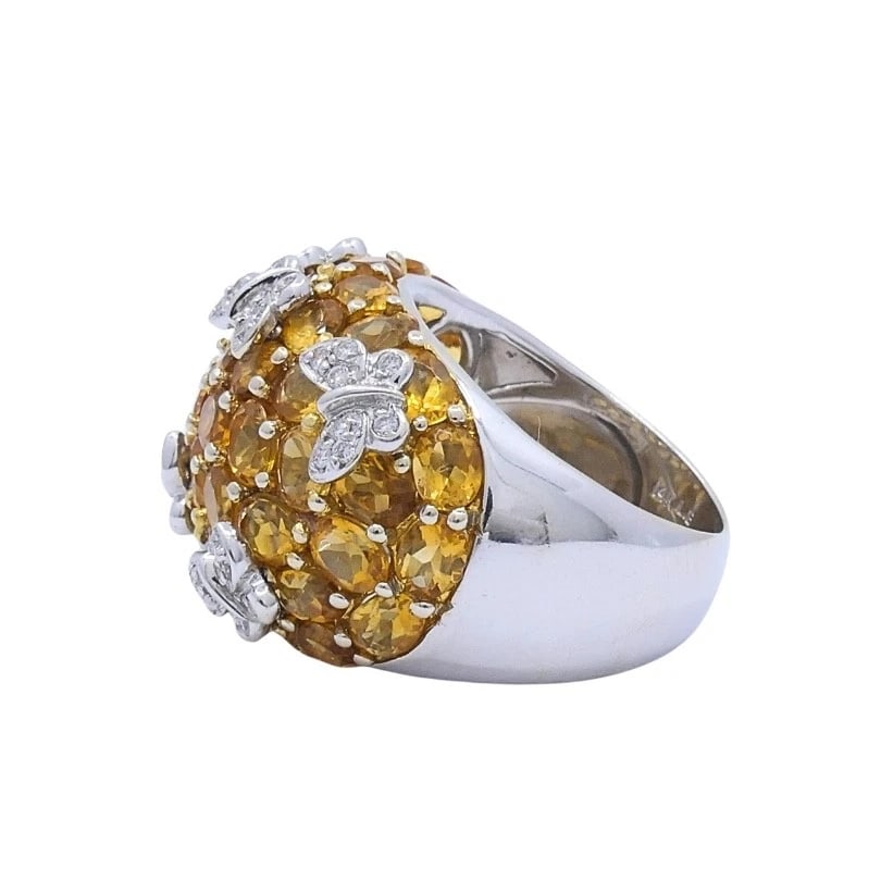 14k White Gold Citrine Diamond Butterfly Dome Ring - 8