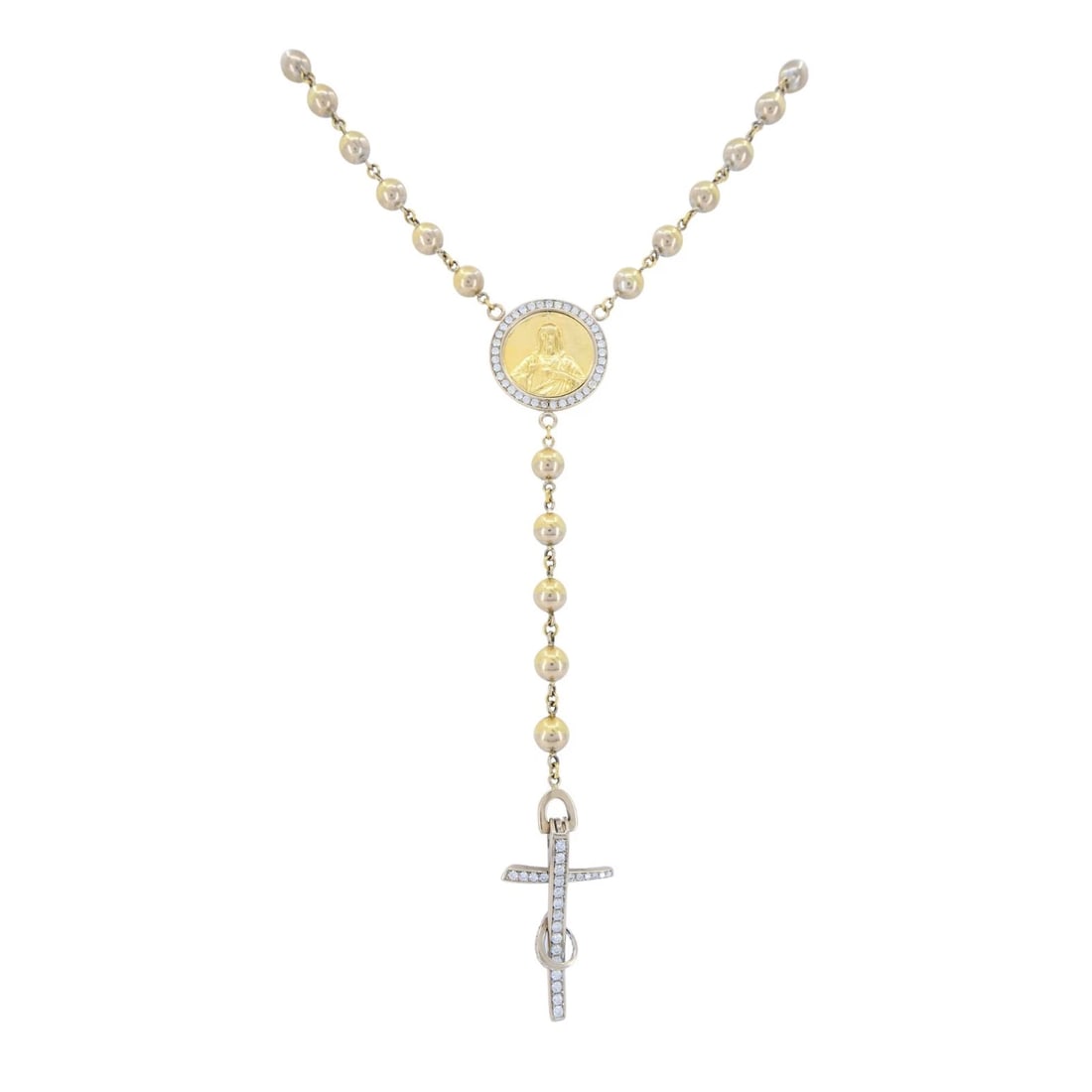 Vintage Rosary 18k Two Tone Gold Diamond Necklace: Title: Vintage Rosary 18k Two Tone Gold Diamond Necklace Description: A two tone rosary necklace crafted in 18k gold, dating to the late twentieth century. The design features a long strand of polishe