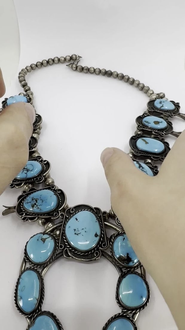 Navajo Native Indian Sterling Silver Turquoise Squash Blossom Necklace - 2