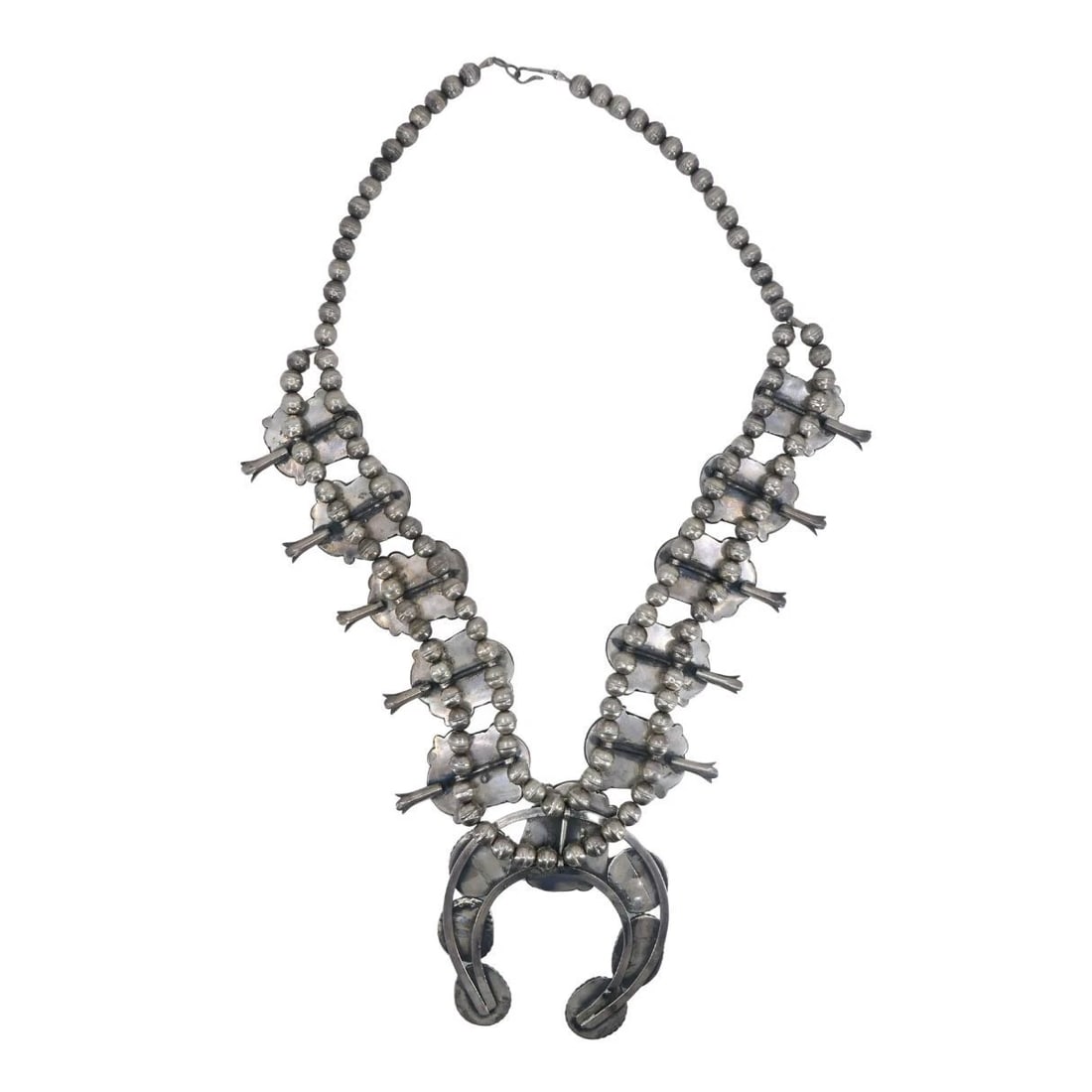 Navajo Native Indian Sterling Silver Turquoise Squash Blossom Necklace - 6