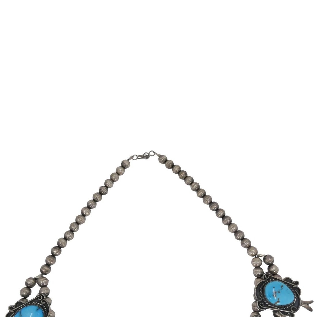 Navajo Native Indian Sterling Silver Turquoise Squash Blossom Necklace - 7