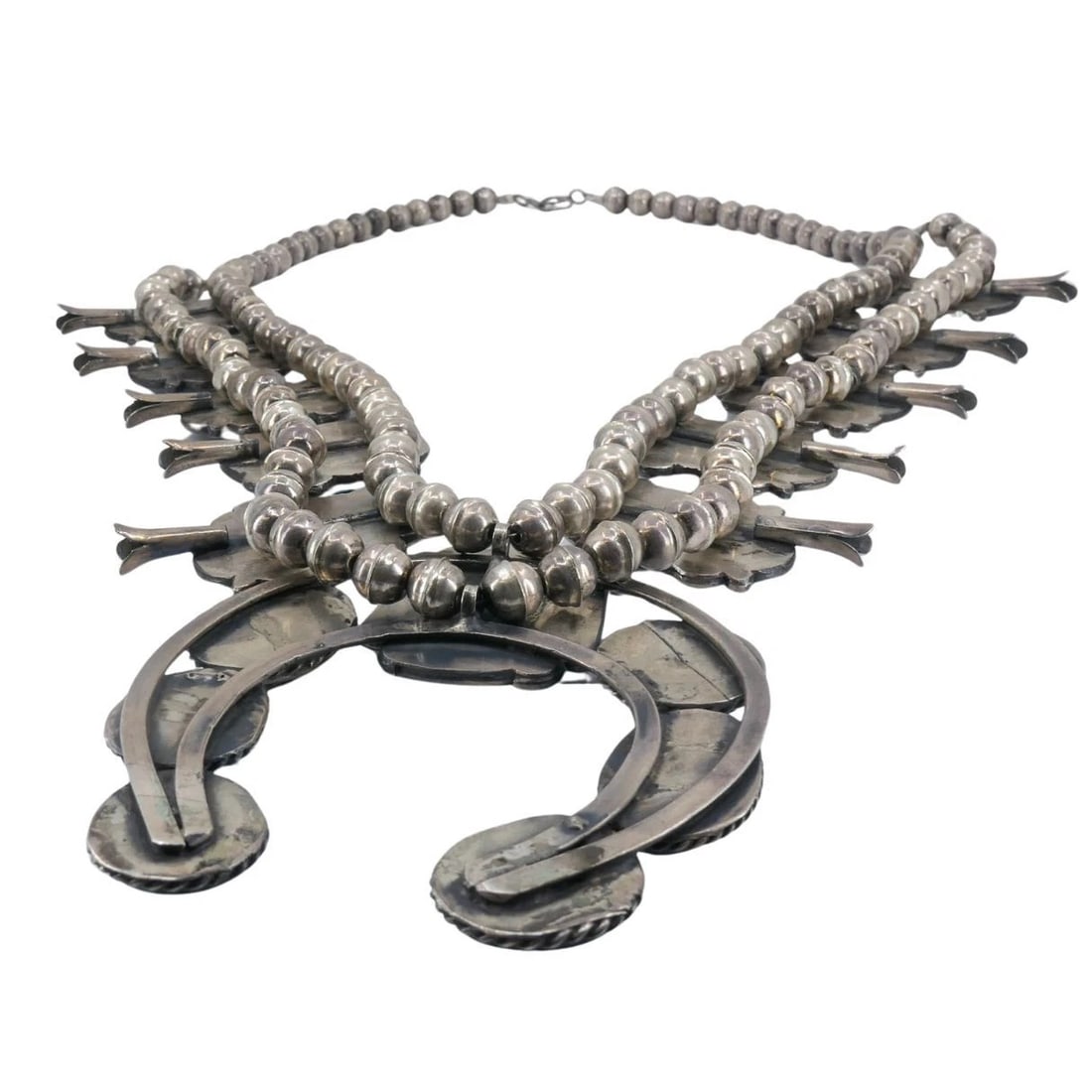 Navajo Native Indian Sterling Silver Turquoise Squash Blossom Necklace - 8