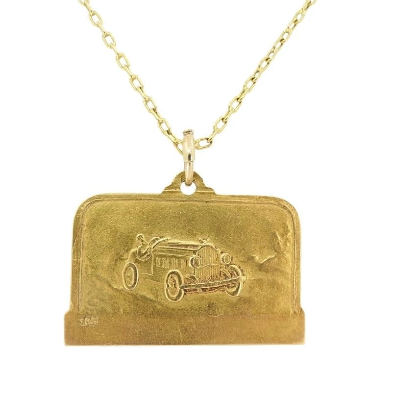 Vintage 1928 18k Gold Argentine Automobile Pendant 14k Chain Necklace - 4