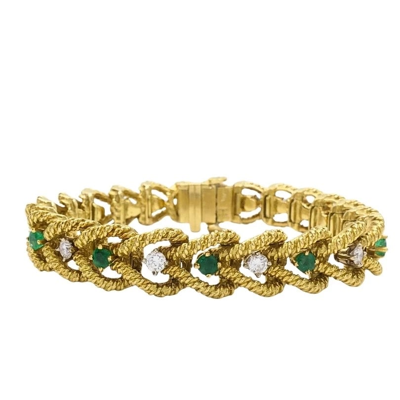 Hammerman Brothers 14k Gold Diamond Emerald Link Bracelet Vintage Estate: Title: Hammerman Brothers 14k Gold Diamond Emerald Link Bracelet Vintage Estate Description: Product details: DESNER: Hammerman Brothers CRCA: 1970’s MATERALS: 14k old EMSTONE: Diamond, Emerald