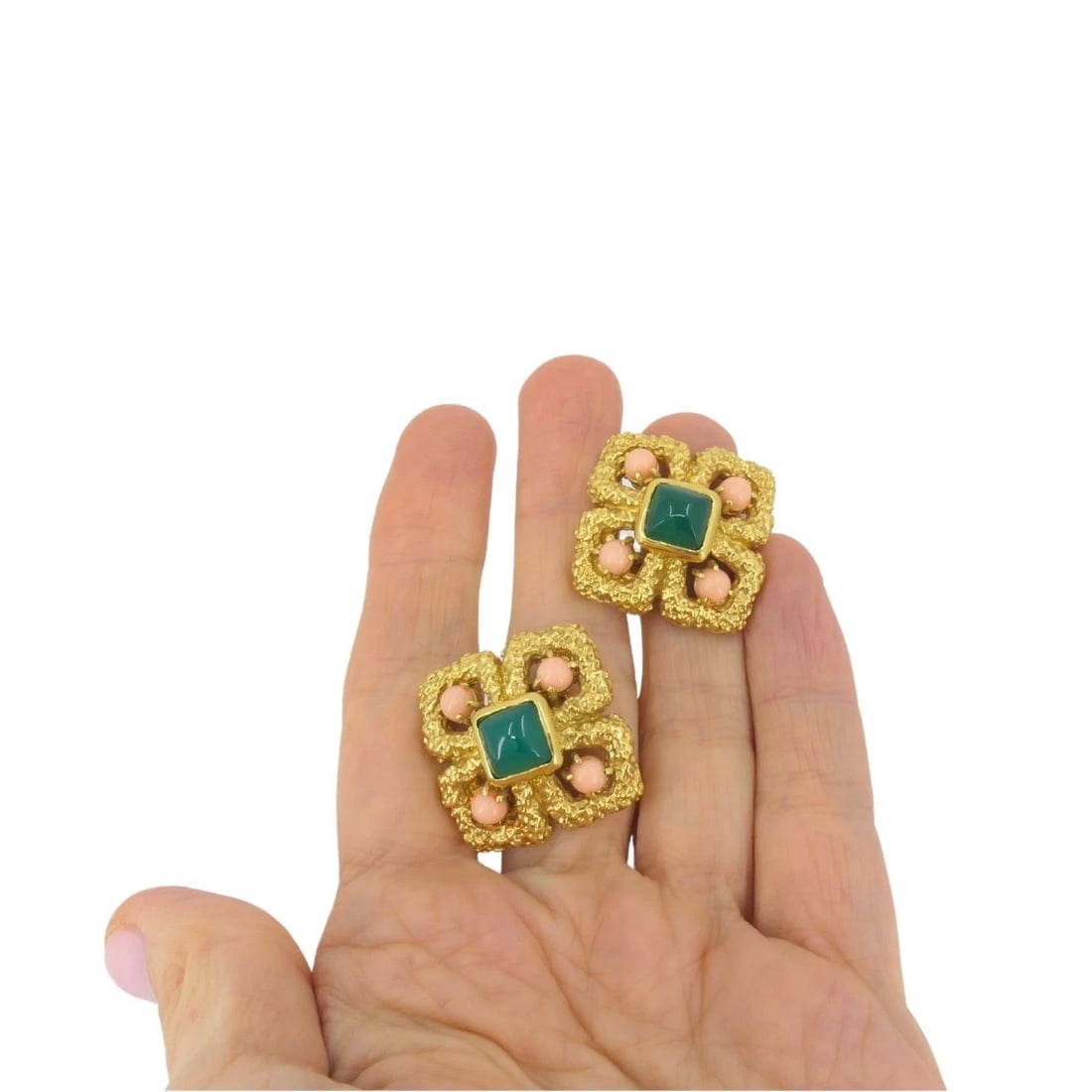 Vintage Van Cleef Earrings 18k Gold Coral Chrysophrase - 2